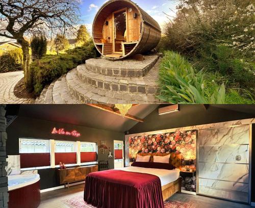 Municipality of Horst aan de Maas Cabin | Wellness Tuin - Boudoir Suite - Ultieme Partner Beleving met Jacuzzi en Openhaard en privé Sauna in Romantische stijl