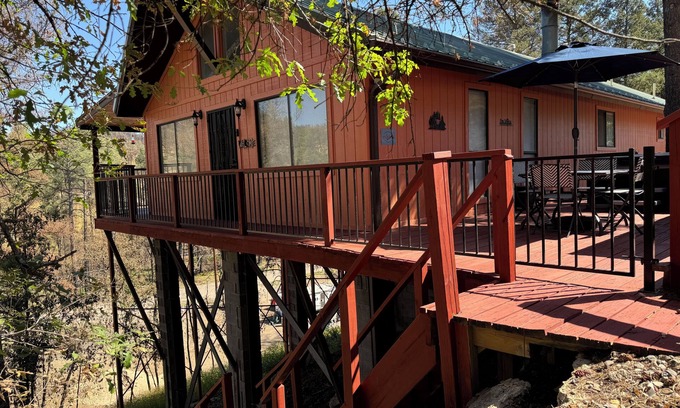 Ruidoso Cabin | Whispering Pines has great deck, hot tub & fire pit. Close to downtown & slopes.