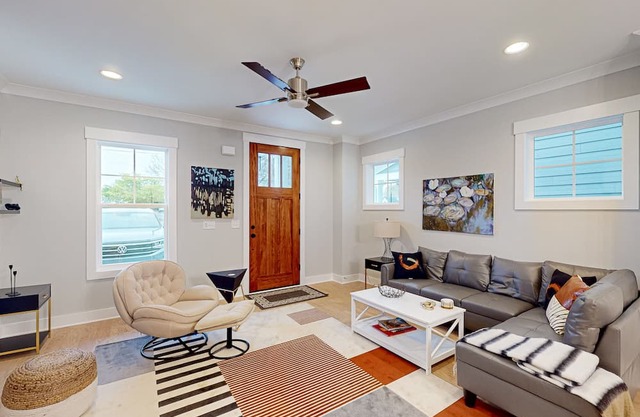 Art-filled home near downtown with open layout & fireplace - dog-friendly